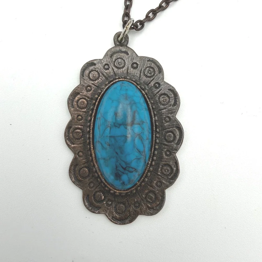 Necklace Womens Faux Turquoise Pendant Blue Boho Bronze